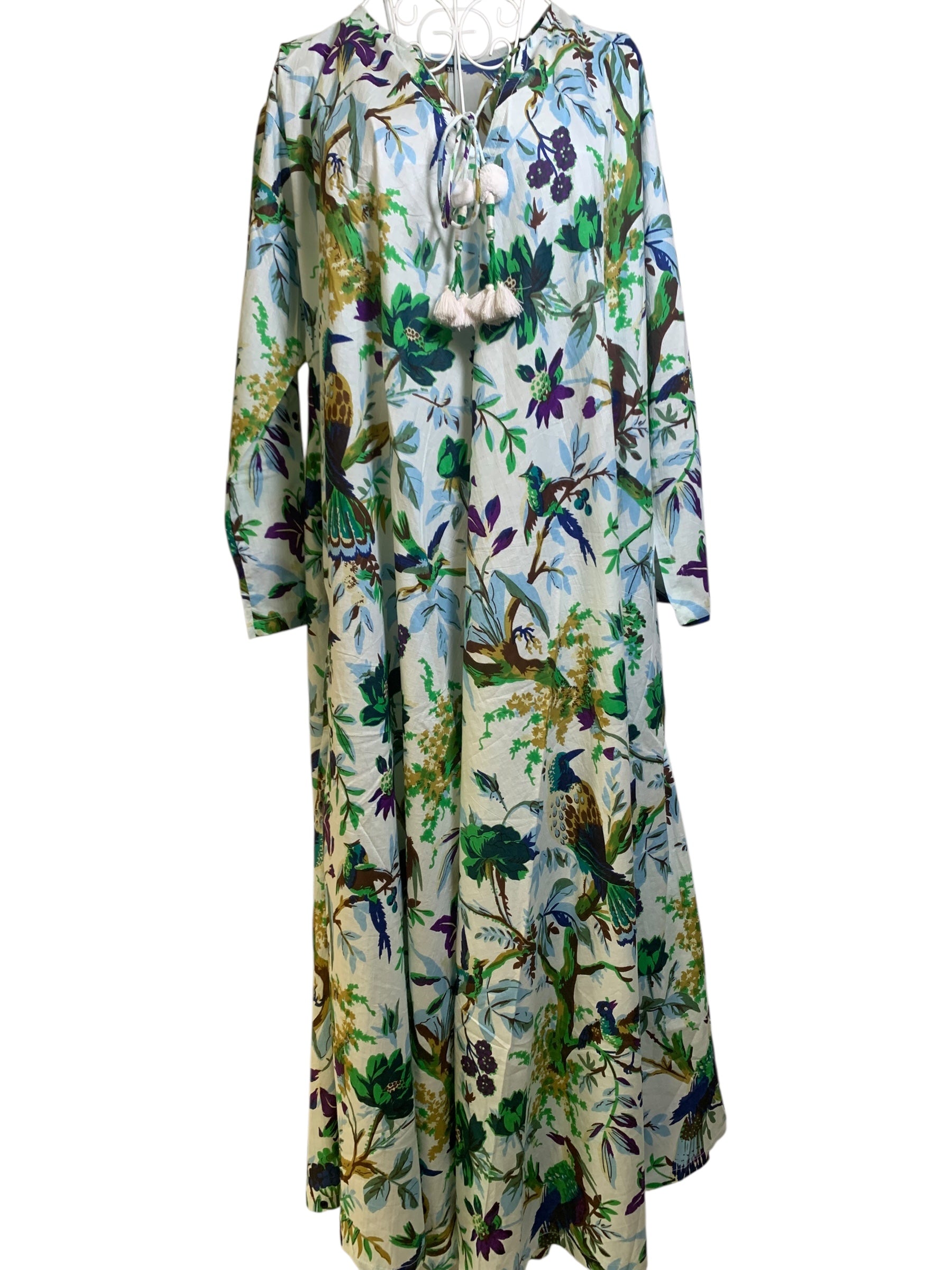 Naya Dress - White & Green Birds