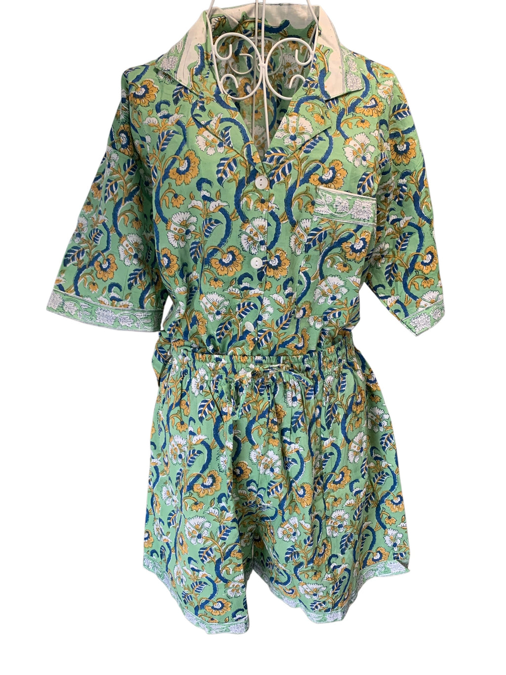 Shorty PJ's - Sage green & Mustard Flower