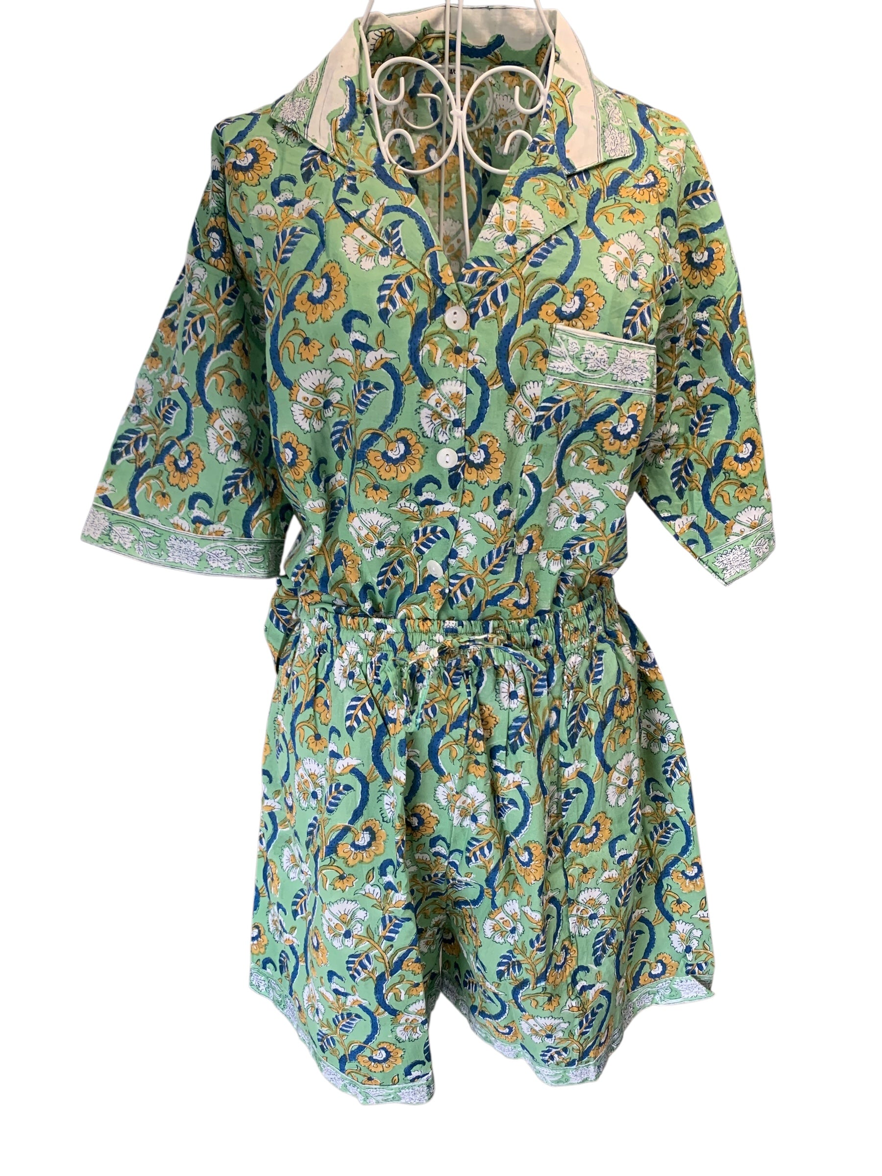 Shorty PJ's - Sage green & Mustard Flower