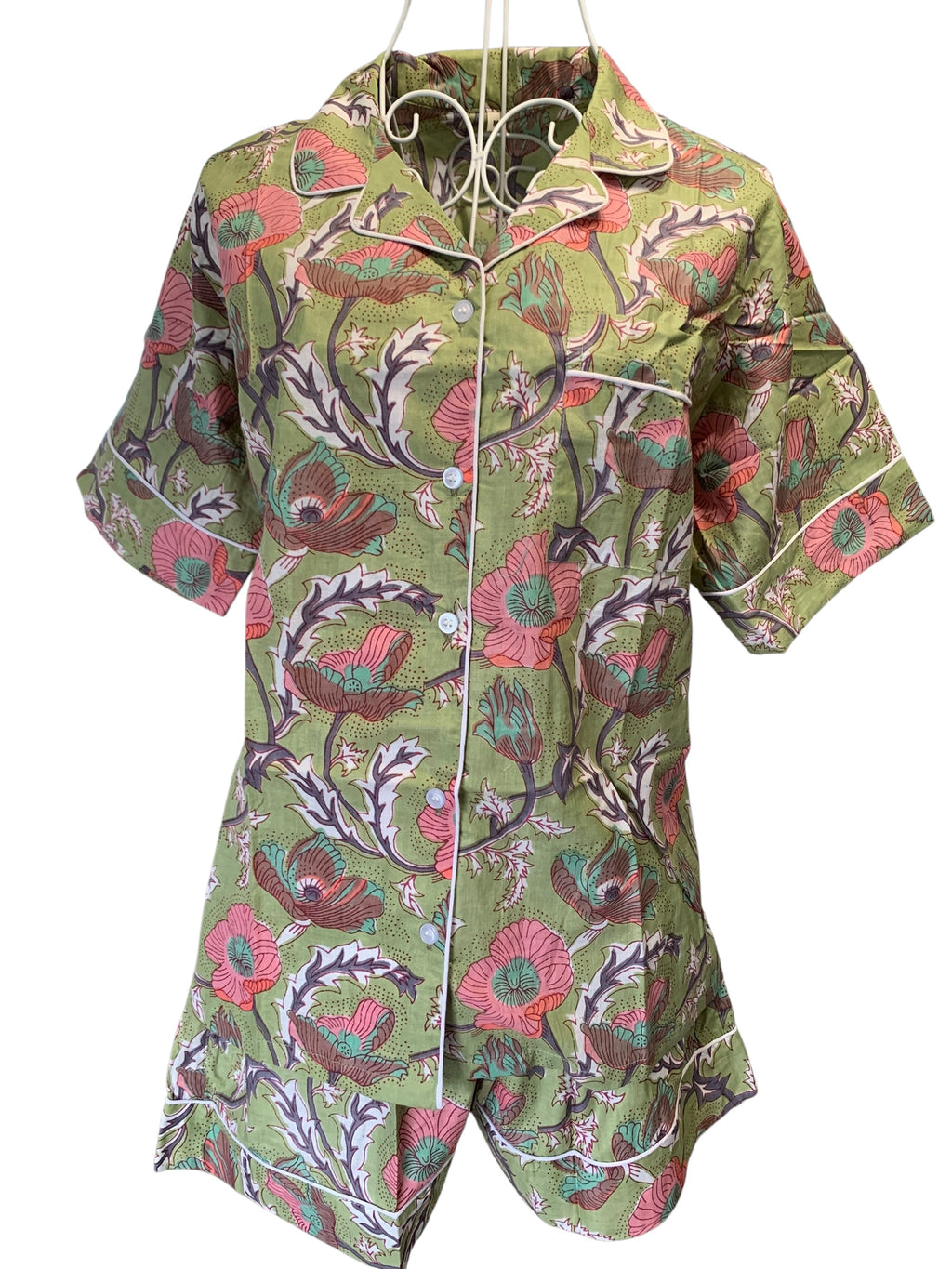 Shorty PJ's - Olive Green & Pink Flower